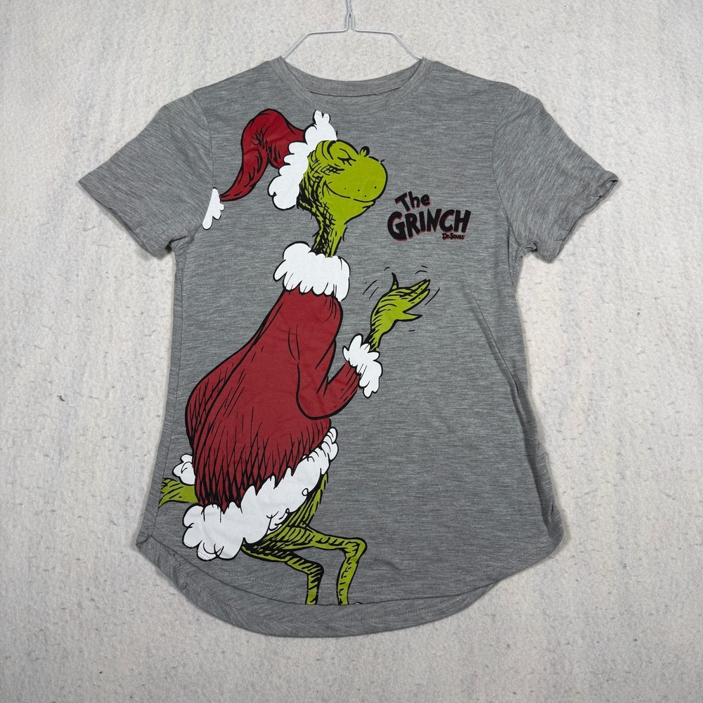 Dr Seuss The Grinch Kids T-Shirt Gray Graphic Santa M 7-9 Curved Hem